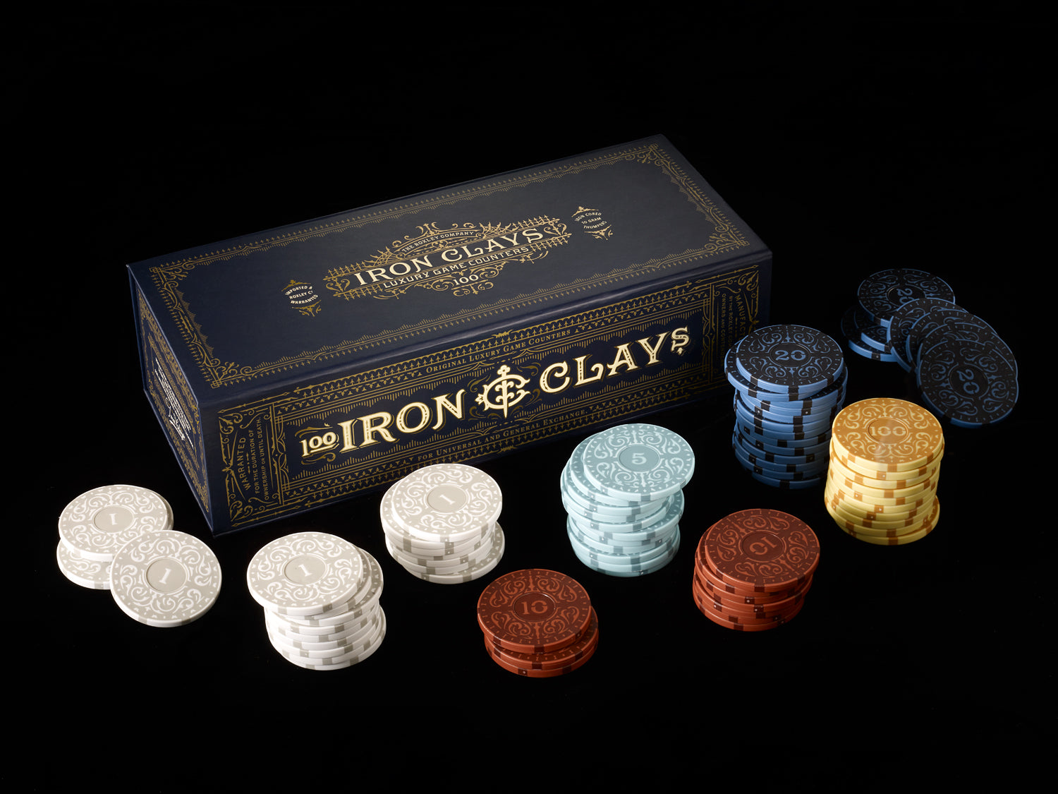 Iron Clays : 100 Chips Printed Box Luxury Game Counters - Brass Birmingham Lancashire
